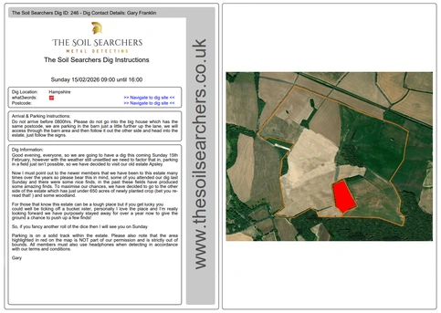 Printed maps and notes laid out for a metal detecting dig briefing