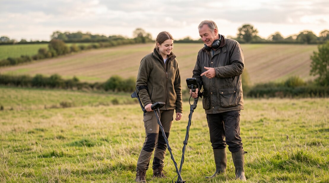Experienced detectorist showing a newcomer how to use a metal detector