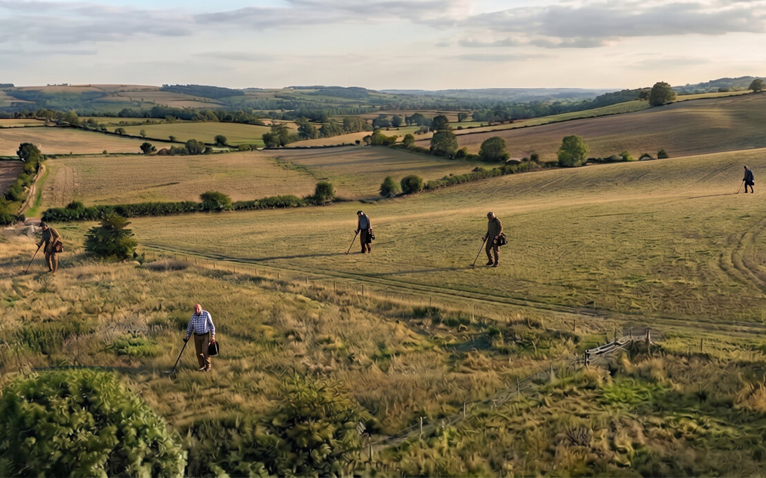 Detectorists spread out across a wide arable field