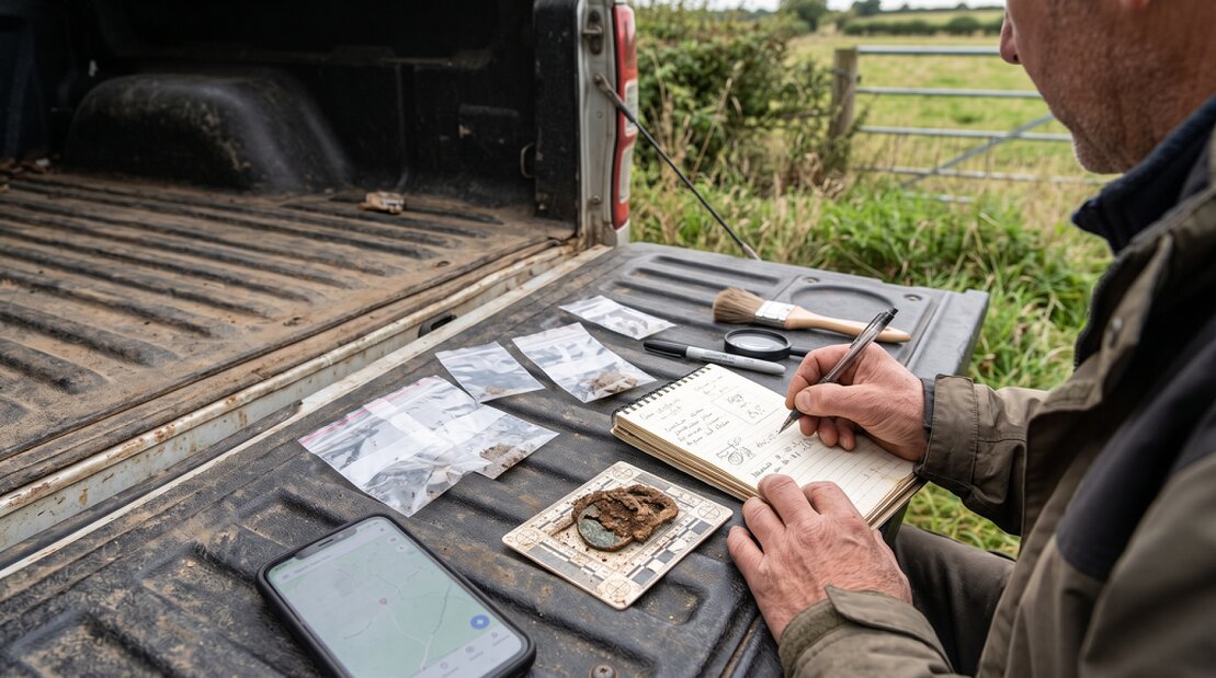 Display of coins and artefacts laid out on a table at a metal detecting event